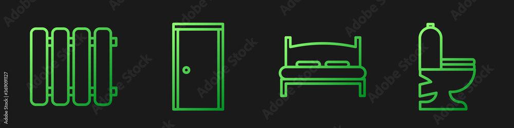 设置线大床，暖气散热器，闭门和抽水马桶。渐变色图标。矢量。