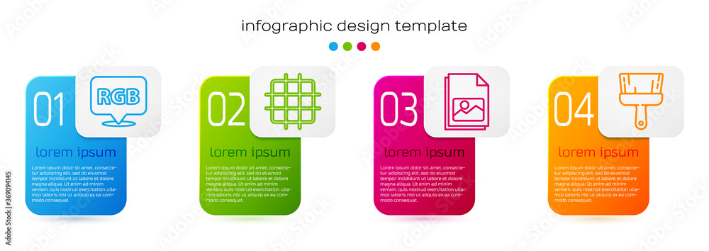 Set line Speech bubble with RGB and CMYK, Grid graph paper, Picture landscape and Paint brush. Busin