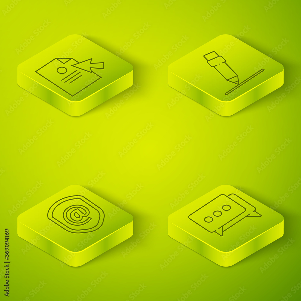 Set Isometric Pencil with eraser, Shield with mail and e-mail, Speech bubble chat and Document and c