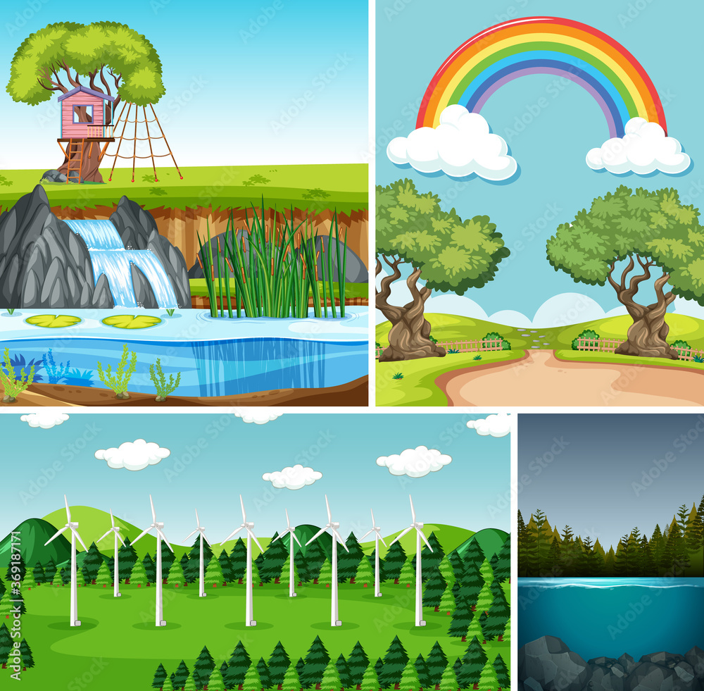 Four different scenes in nature setting cartoon style