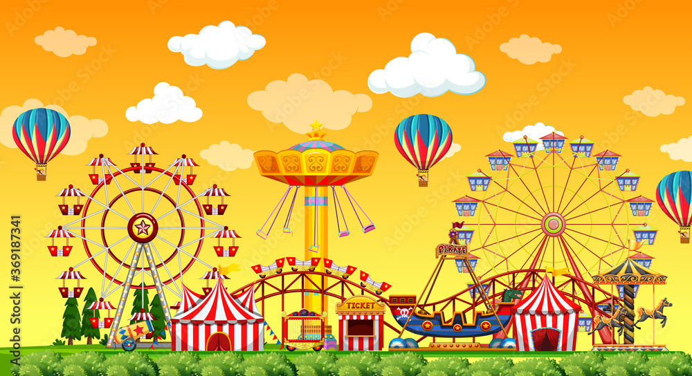 Amusement park scene at daytime with balloons in the sky