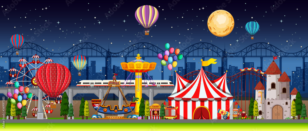 Amusement park scene at night with balloons and moon in the sky