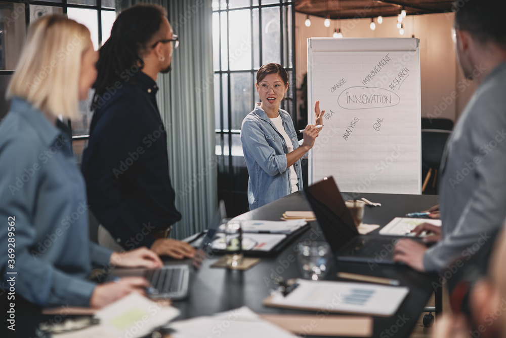 Smiling Asian businesswoman giving a flip chart presentation to