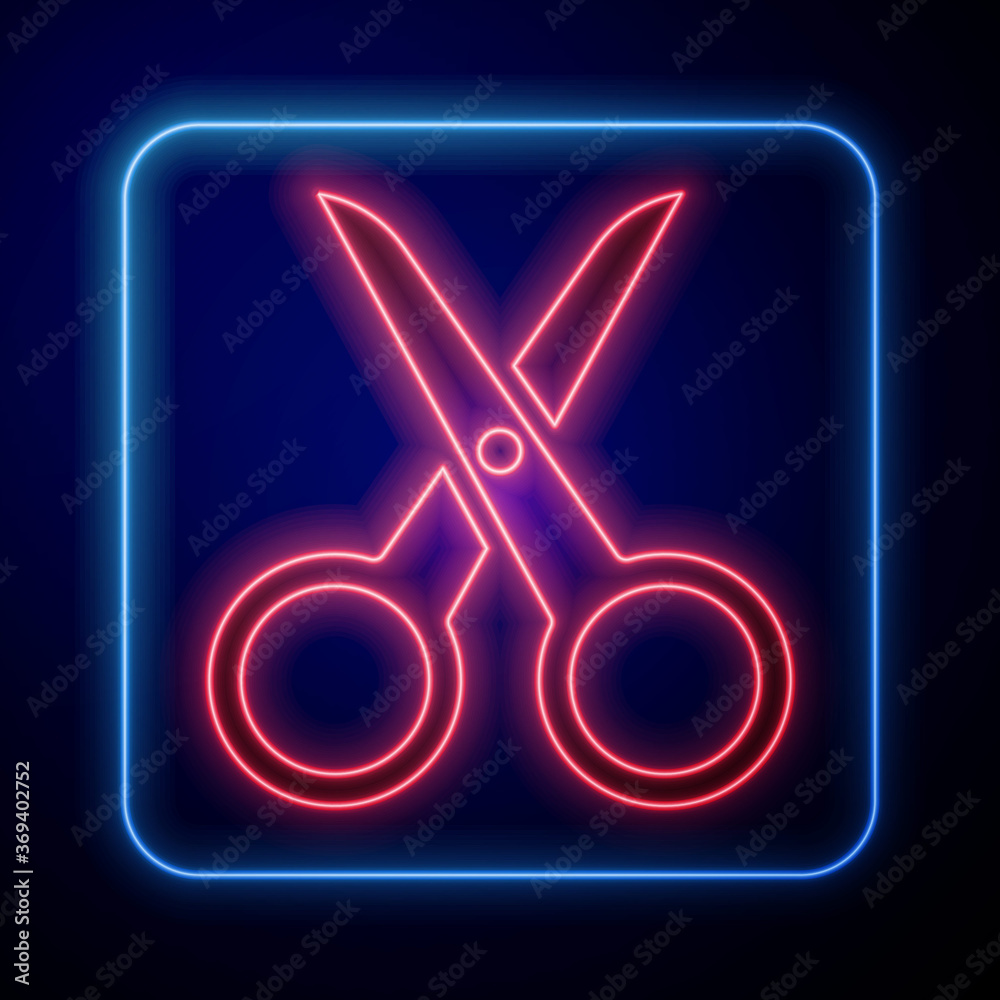 Glowing neon Scissors icon isolated on blue background. Cutting tool sign. Vector Illustration.