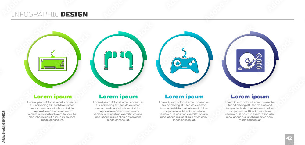 设置键盘、Air耳机、游戏板和乙烯基播放器。商业信息图模板。矢量。