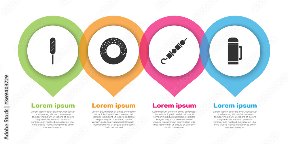设置玉米狗、甜甜圈、烤羊肉串和保温容器。商业信息图模板。Vecto