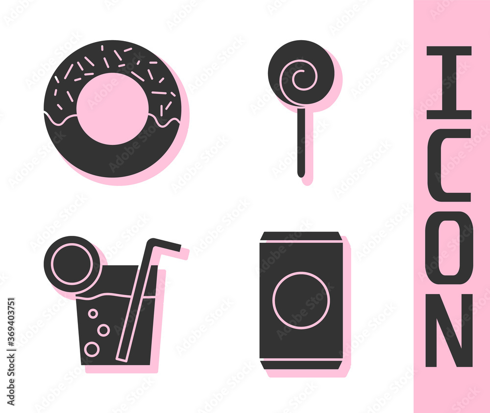 Set Soda can with straw, Donut, Cocktail and Lollipop icon. Vector.