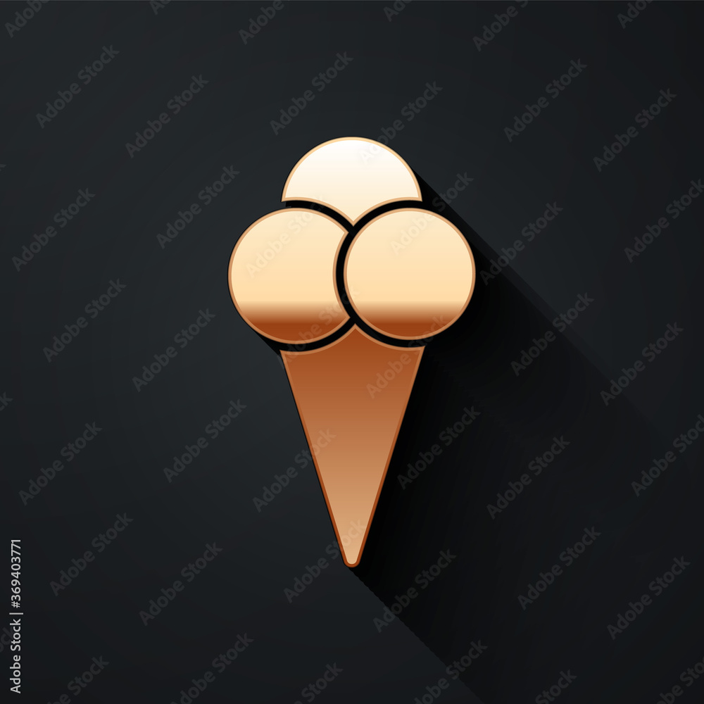 Gold Ice cream in waffle cone icon isolated on black background. Sweet symbol. Long shadow style. Ve