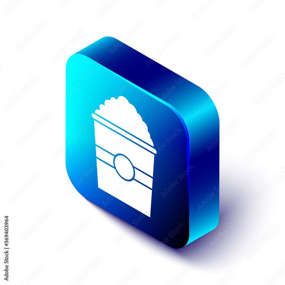 Isometric Popcorn in cardboard box icon isolated on white background. Popcorn bucket box. Blue squar