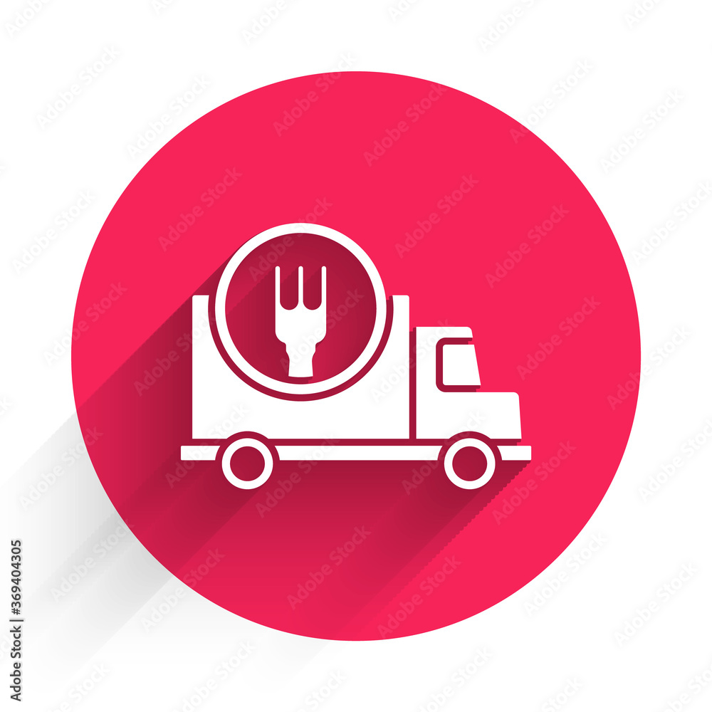 White Fast round the clock delivery by car icon isolated with long shadow. Red circle button. Vector