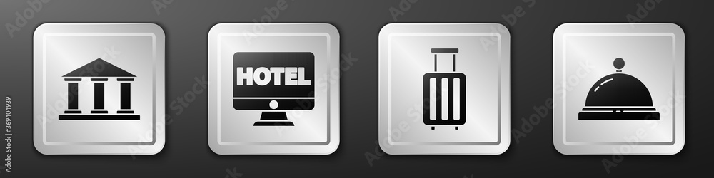 Set Museum building, Online hotel booking, Suitcase and Hotel service bell icon. Silver square butto