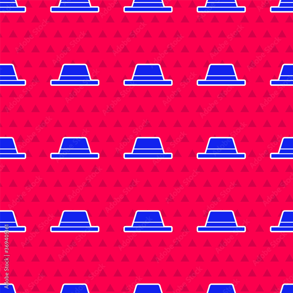 Blue Man hat with ribbon icon isolated seamless pattern on red background. Vector Illustration.