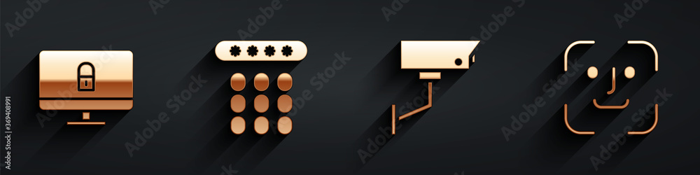 Set Lock on computer monitor, Password protection, Security camera and Face recognition icon with lo