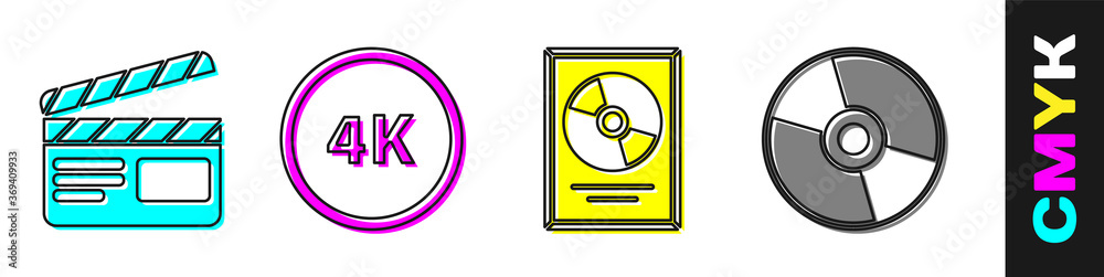设置电影拍板，4k超高清，CD光盘奖在框架和CD或DVD光盘图标。矢量。
