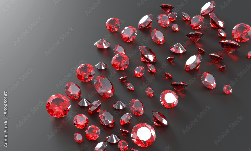 Ruby Gem Diamond组放置在深色背景上进行三维渲染。