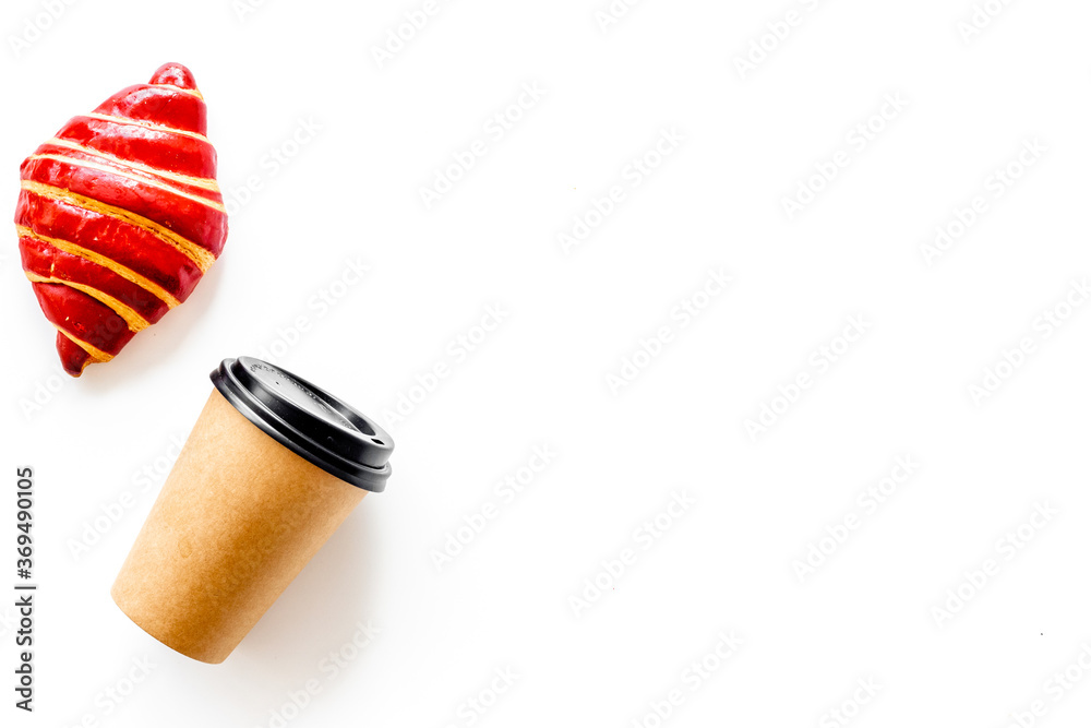 Croissants with coffee - breakfast on white table top view