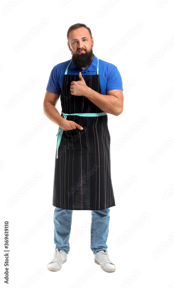 Male barista showing thumb-up on white background