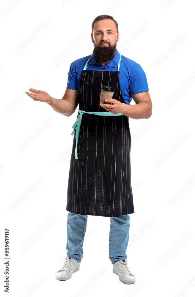 Male barista on white background