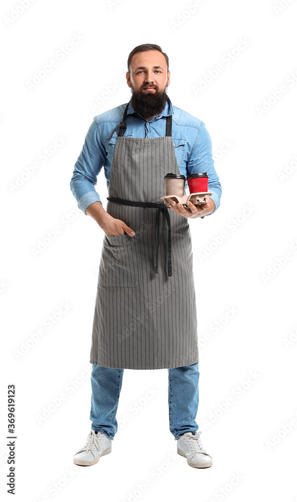 Male barista on white background