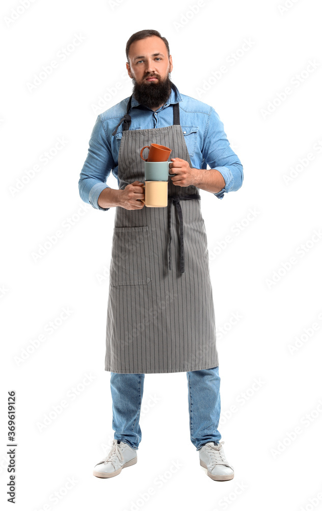 Male barista on white background