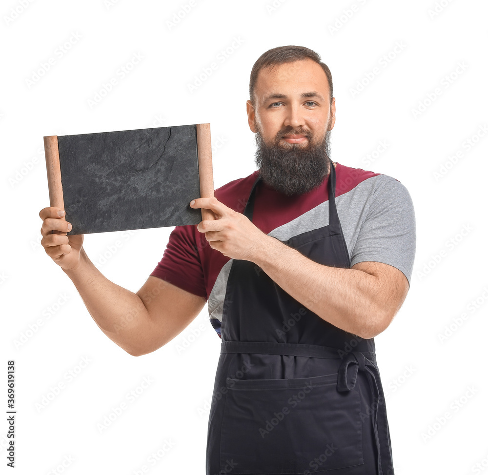 Male barista with chalkboard on white background