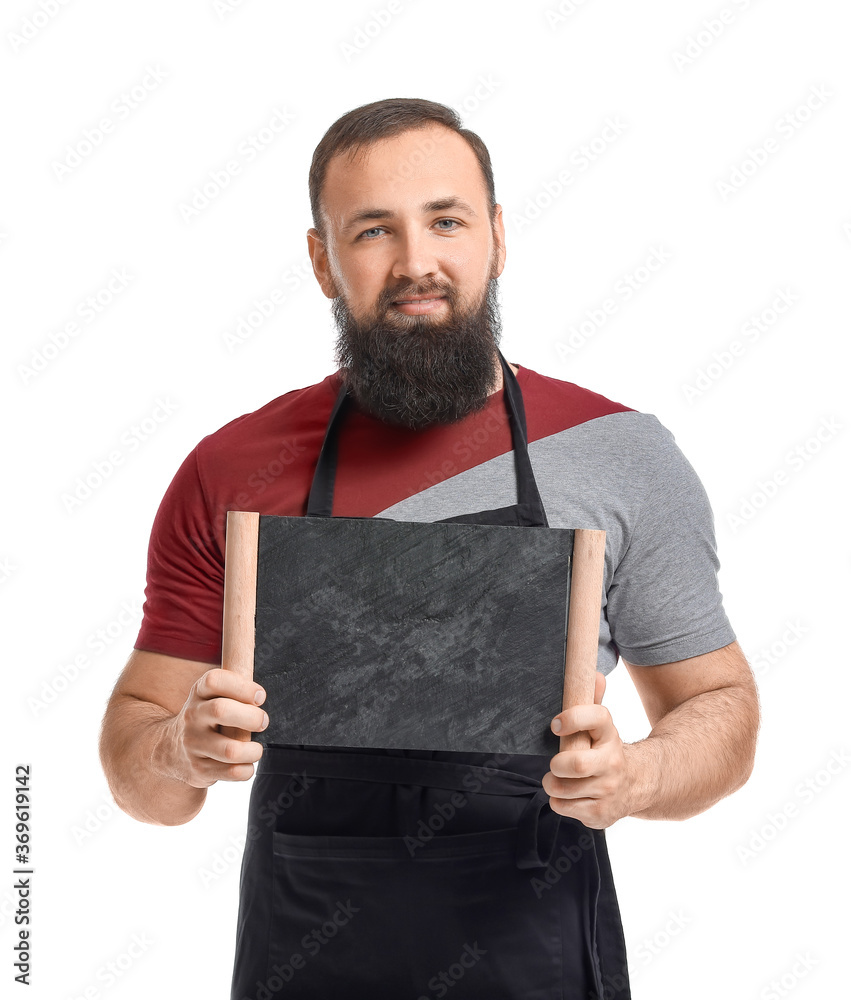 Male barista with chalkboard on white background