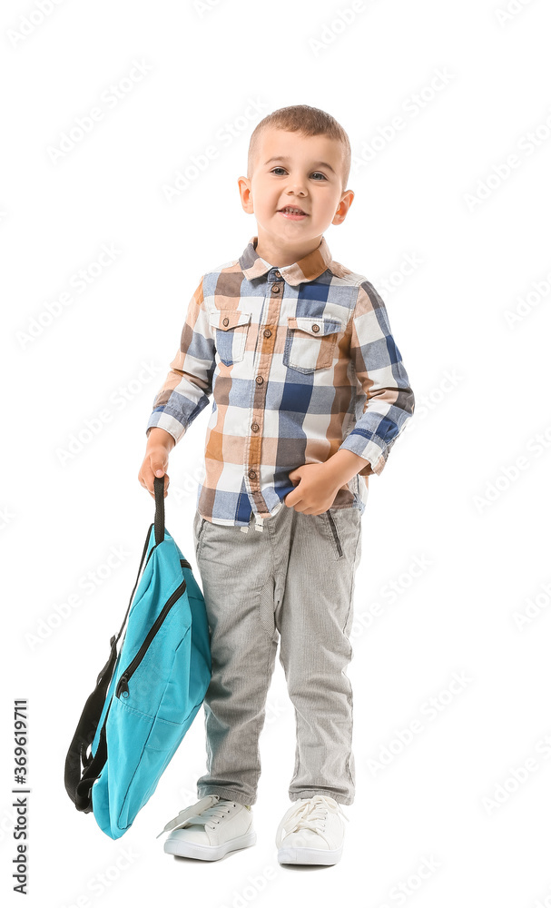 Cute little schoolboy on white background