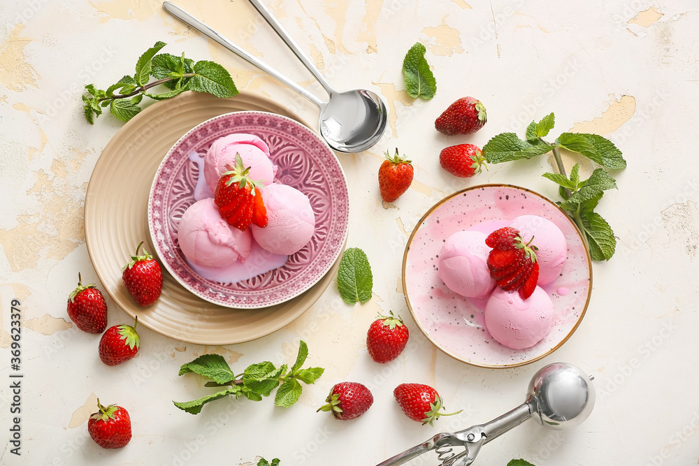 Tasty strawberry ice cream on white background