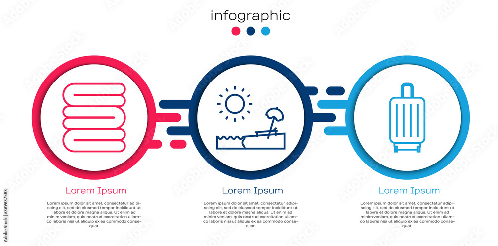 套装毛巾叠，带雨伞、椅子和手提箱的海滩。商业信息图模板。Vec