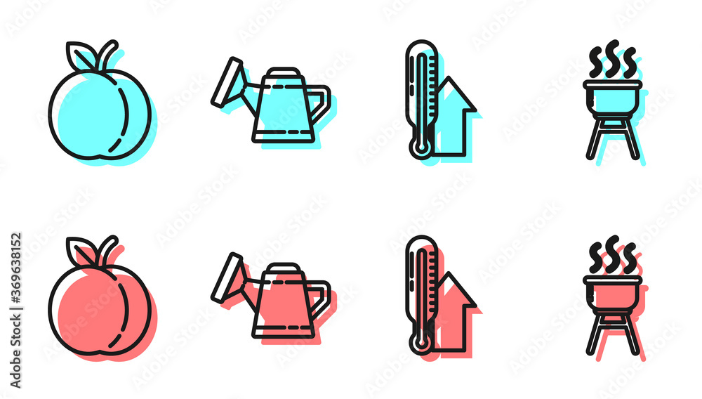 设置气象温度计、桃果、水罐和烧烤架图标。矢量。