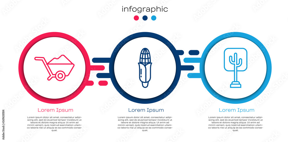 设置带泥土、玉米和树木的手推车。商业信息图模板。矢量。