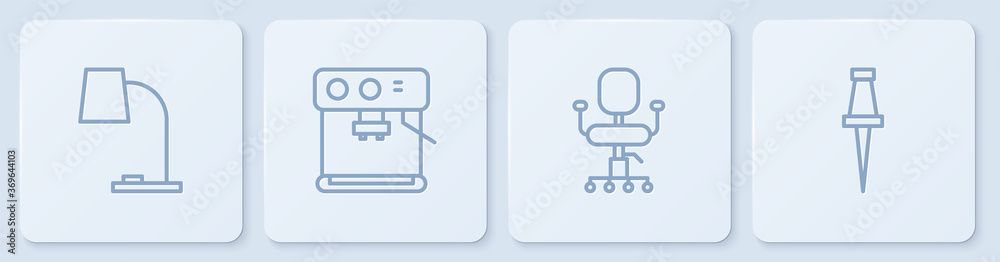 设置行台灯、办公椅、咖啡机和按钮。白色方形按钮。矢量。