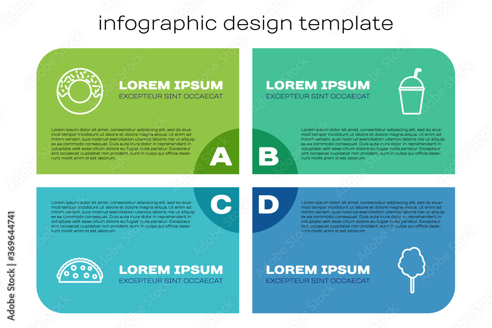 Set line Taco with tortilla, Donut, Cotton candy and Milkshake. Business infographic template. Vecto