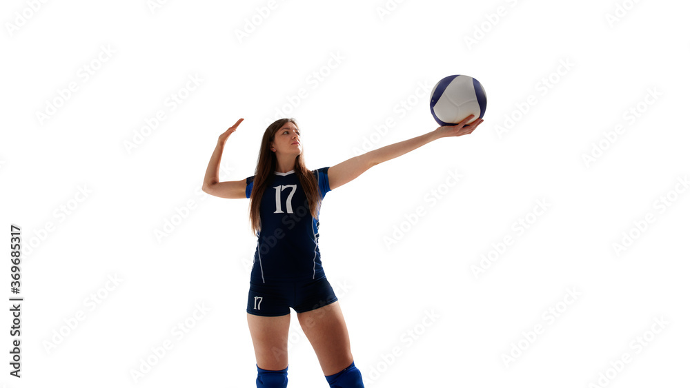 Female professional volleyball players in action on white background.