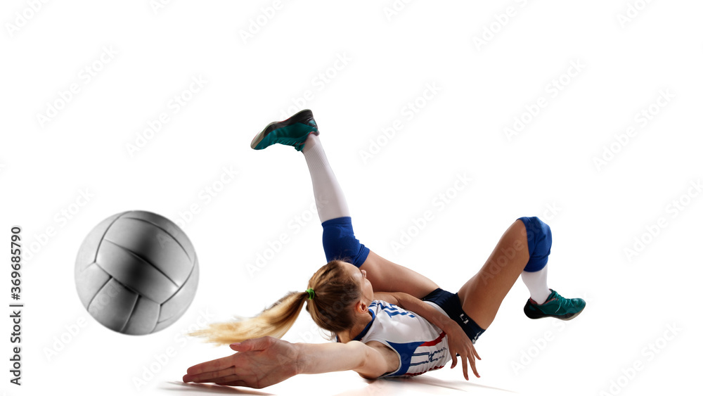 Female professional volleyball players in action on white background.