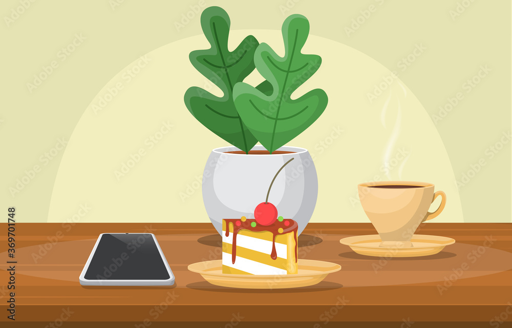 Cake Plant Cup of Coffee on Table Cafe Restaurant Illustration