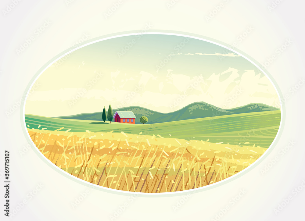 Rural landscape with a wheat field and a village on a hill.