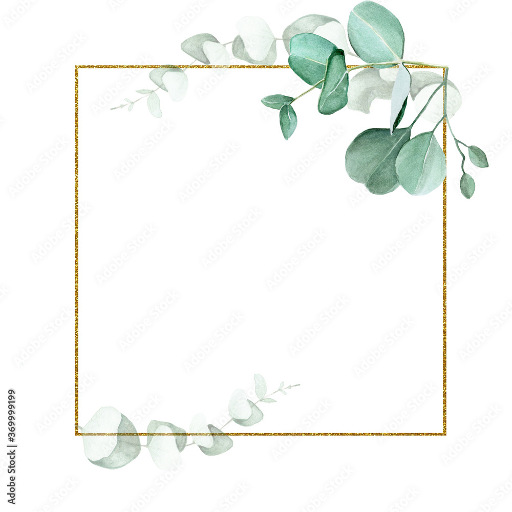 golden square frame with watercolor eucalyptus leaves isolated on white background. design for weddi