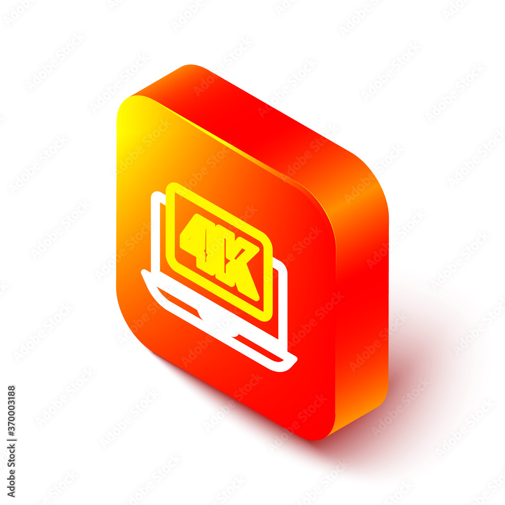 Isometric line Laptop screen with 4k video technology icon isolated on white background. Orange squa