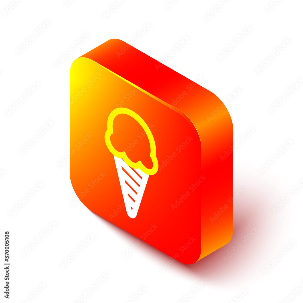 Isometric line Ice cream in waffle cone icon isolated on white background. Sweet symbol. Orange squa