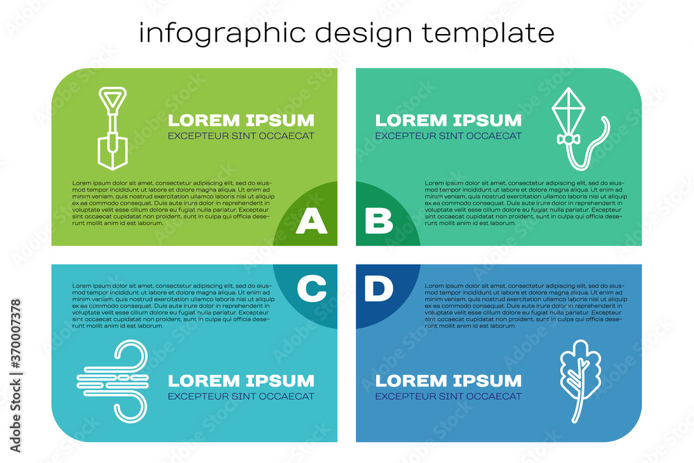设置线条风、铲子、树叶或树叶和风筝。商业信息图模板。矢量。