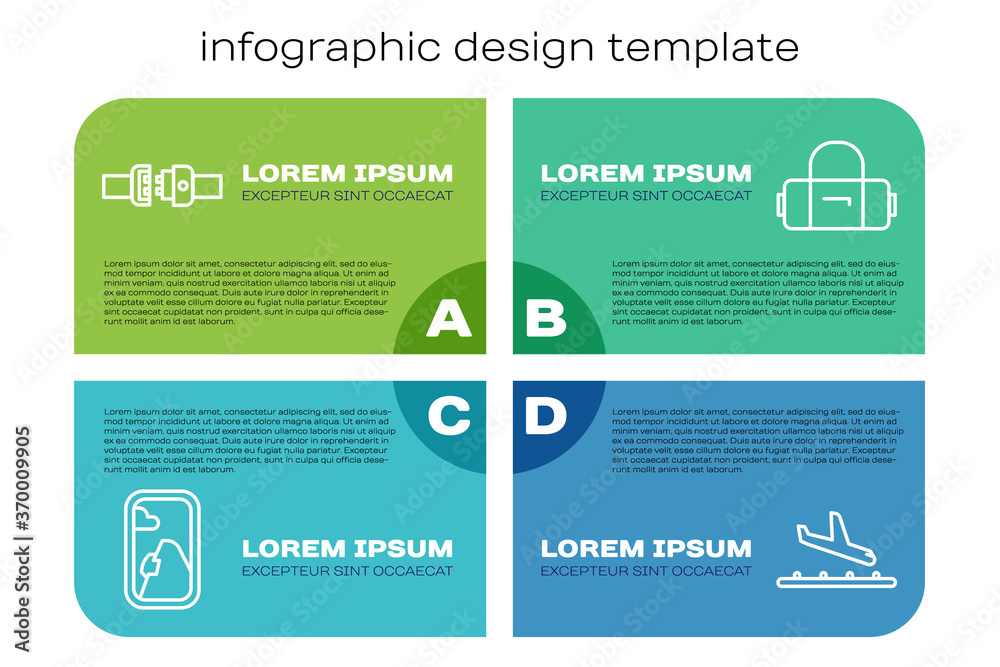 设置飞机窗户、安全带、飞机着陆和手提箱。商业信息图模板.Ve