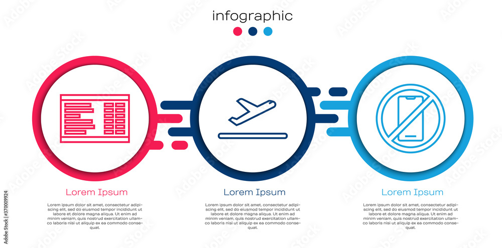 设置线路机场登机牌、飞机起飞和无手机。商业信息图模板。矢量。