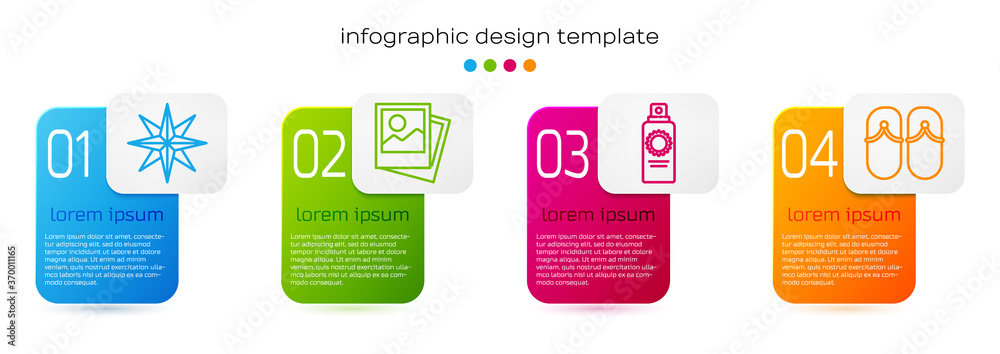 Set line Wind rose, Photo, Sunscreen spray bottle and Flip flops. Business infographic template. Vec