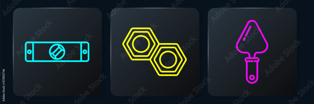 Set line Construction bubble level，Trowel and Hexagonal metal nut.Black square button.Vector（设置线构造气泡