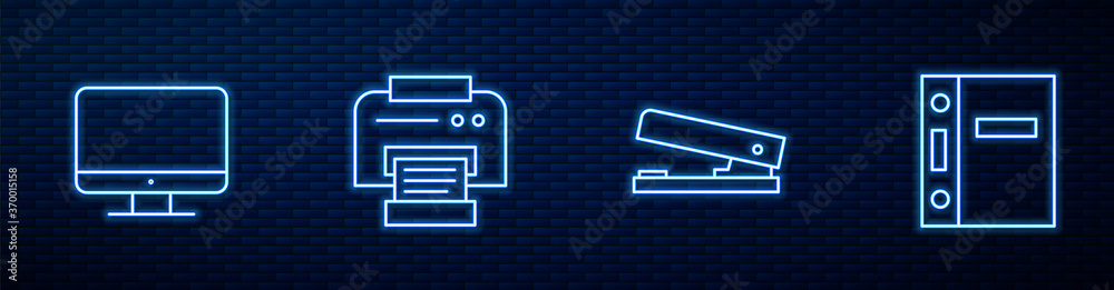 设置线办公室订书机、电脑显示屏、打印机和文件夹。砖瓦上闪闪发光的霓虹灯图标