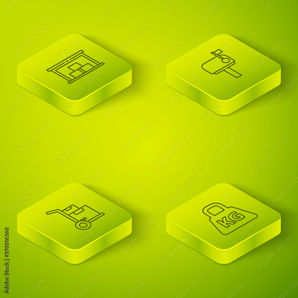 Set Isometric Mail box, Hand truck and boxes, Weight and Warehouse icon. Vector.