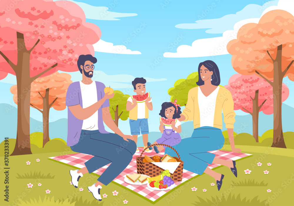 Cute happy family summer picnic vector illustration 