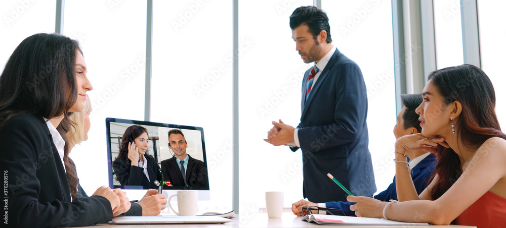 Video call group business people meeting on virtual workplace or remote office. Telework conference 