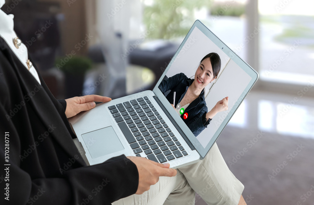 Video call business people meeting on virtual workplace or remote office. Telework conference call u